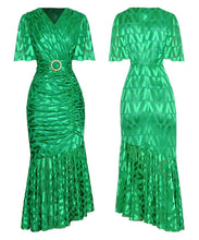 Load image into Gallery viewer, V neck foiled dress with gathering and belt * comes in two colours*