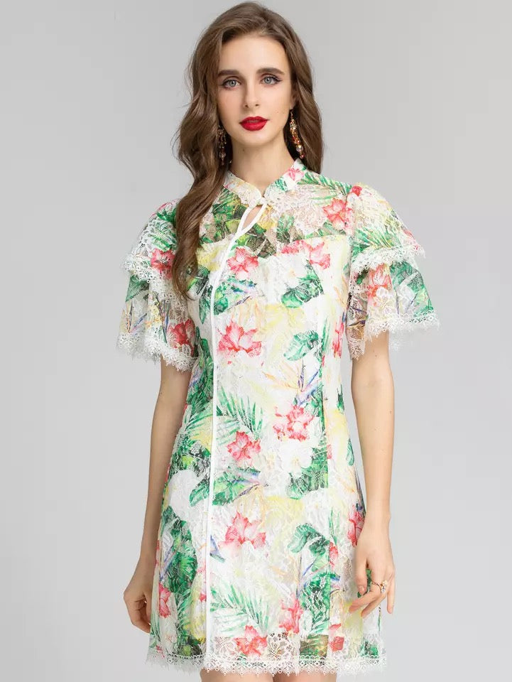 Tropical print with lace mini dress