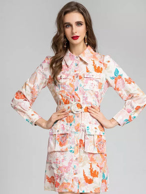 Tangerine rose with pastel print utility dress with belt