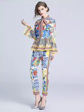 Load image into Gallery viewer, Exuberant pattern peplum top and trouser set