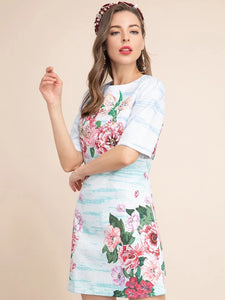 Floating roses short sleeved mini dress