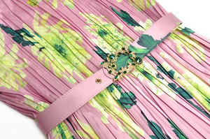 Tassel Pink floral Printed Pleated Dress with belt