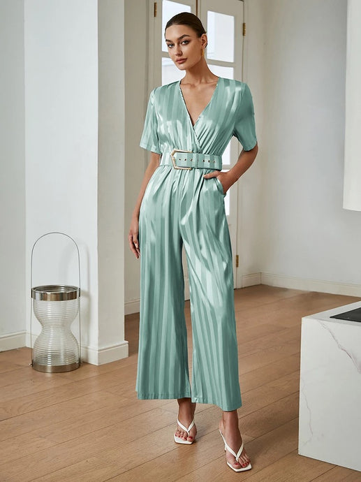 CC Lux jacquard satin silk green jumpsuit