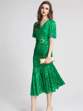 Load image into Gallery viewer, V neck foiled dress with gathering and belt * comes in two colours*