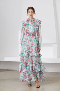 Muted Flower meadow tiered maxi dress