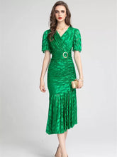 Load image into Gallery viewer, V neck foiled dress with gathering and belt * comes in two colours*