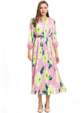 Load image into Gallery viewer, Tassel Pink floral Printed Pleated Dress with belt