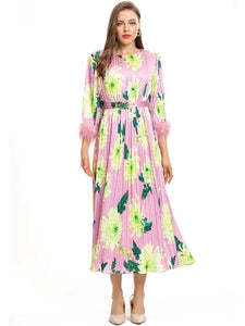 *NEW Tassel Pink floral Printed Pleated Dress with belt