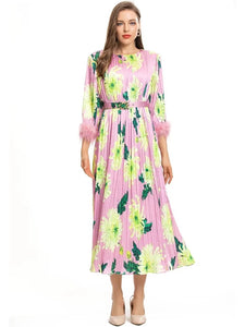 Tassel Pink floral Printed Pleated Dress with belt