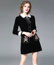 Load image into Gallery viewer, Flower Embroidery Peter Pan Collar Pocket Dress with bow - comes in black &amp; white