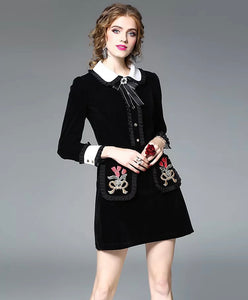 Flower Embroidery Peter Pan Collar Pocket Dress with bow - comes in black & white
