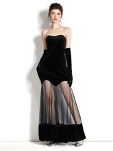 Load image into Gallery viewer, Black Velvet Mesh Tulle Evening Dress with gloves