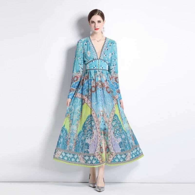 Geometric Print V-Neck Maxi Dress - comes in two colours