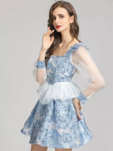 Load image into Gallery viewer, Mesh Long sleeve Blue Flower Jacquard Ruffles
