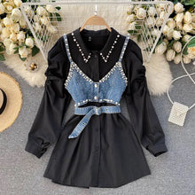 Load image into Gallery viewer, White shirt dress with denim &amp; pearl bralette set