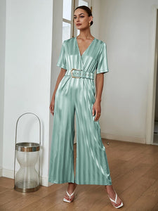 CC Lux jacquard satin silk green jumpsuit