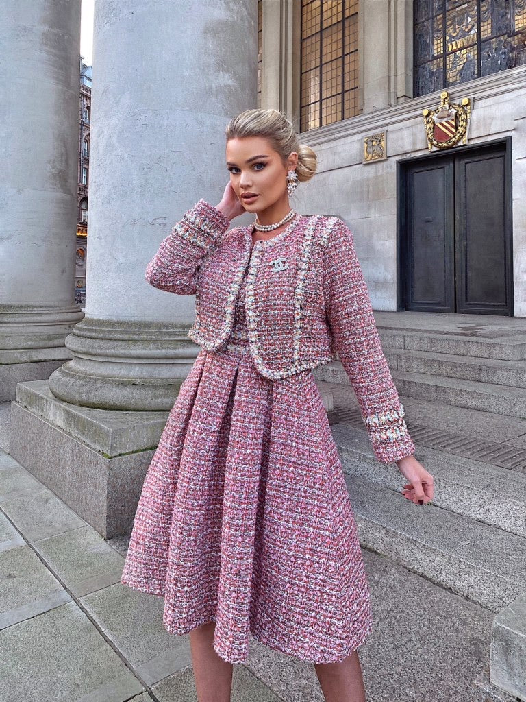 The Pink Tweed with pearl jacket and dress – Comino Couture