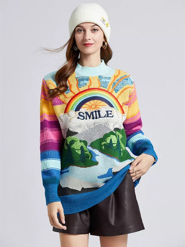 Heavy Embroidered Smile Rainbow Sweater