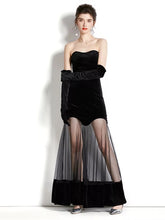 Load image into Gallery viewer, Black Velvet Mesh Tulle Evening Dress with gloves