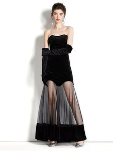 Black Velvet Mesh Tulle Evening Dress with gloves