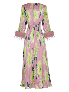 *NEW Tassel Pink floral Printed Pleated Dress with belt