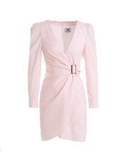 Load image into Gallery viewer, Soft pink gingham v neck dress with side gathering