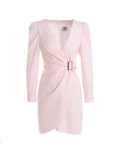 Soft pink gingham v neck dress with side gathering