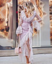 Load image into Gallery viewer, Baby Pink Sheer Lace ruffle maxi dress