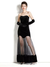 Load image into Gallery viewer, Black Velvet Mesh Tulle Evening Dress with gloves