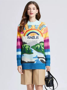 Heavy Embroidered Smile Rainbow Sweater
