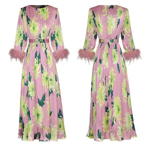 Tassel Pink floral Printed Pleated Dress with belt