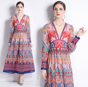 Geometric Print V-Neck Maxi Dress - comes in two colours