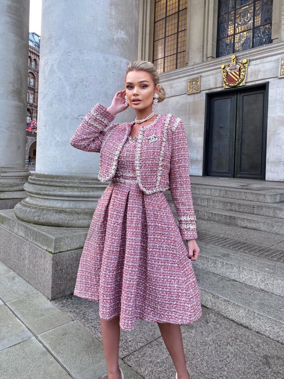 Front Pockets Single Breasted Pink Tweed Mini Dress