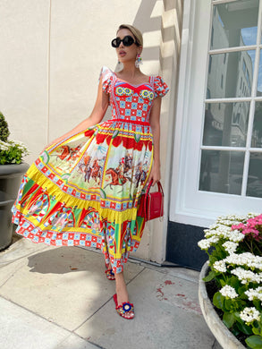 The flutter sleeve horse scene midi dress