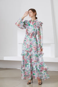 Muted Flower meadow tiered maxi dress