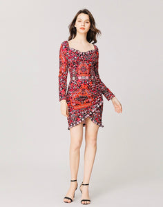 Pink Folk print sweetheart neck minidress