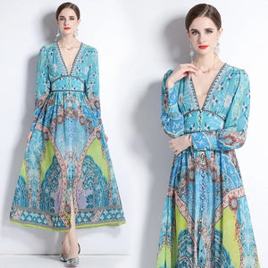 Geometric Print V-Neck Maxi Dress - comes in two colours