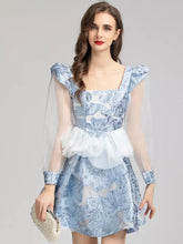 Load image into Gallery viewer, Mesh Long sleeve Blue Flower Jacquard Ruffles