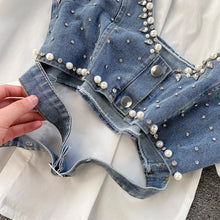 Load image into Gallery viewer, White shirt dress with denim &amp; pearl bralette set