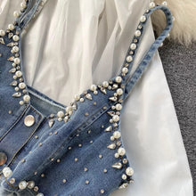 Load image into Gallery viewer, White shirt dress with denim &amp; pearl bralette set