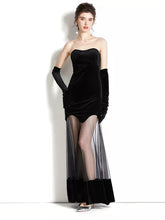 Load image into Gallery viewer, Black Velvet Mesh Tulle Evening Dress with gloves