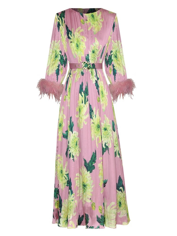 *NEW Tassel Pink floral Printed Pleated Dress with belt