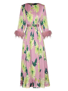 Tassel Pink floral Printed Pleated Dress with belt