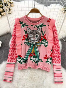 Cat Wink Knitted Embellished Jumper - comes in two colours