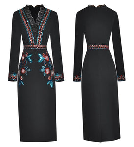 Black Sequin Embroidery Vintage Black Pencil Dress