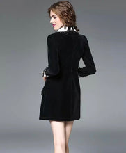Load image into Gallery viewer, Flower Embroidery Peter Pan Collar Pocket Dress with bow - comes in black &amp; white