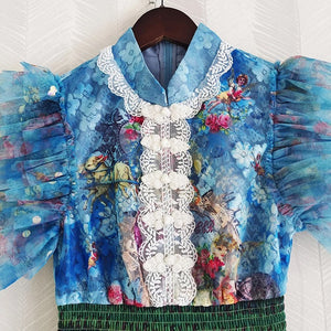 Butterfly Sleeve Lace Elastic waist Floral print Midi Dress