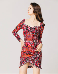 Pink Folk print sweetheart neck minidress
