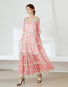 Red smudge pattern ruffle maxi dress
