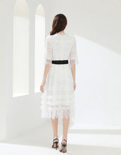 Load image into Gallery viewer, White lacy midi dress with belt